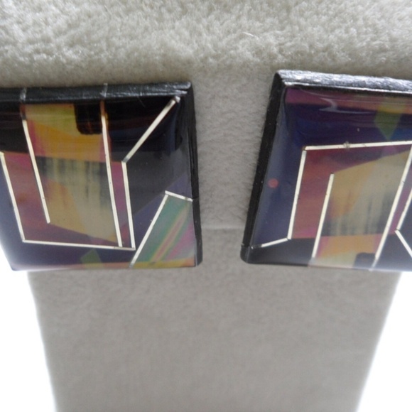 VINTAGE 1980s Purple & Gold Abstract Geometric Square Stud Earrings - Picture 3 of 6